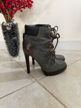Tory Burch Gray and Brown Lace-Up High-Heel Ankle Boots